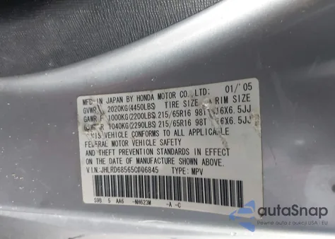 2005 Honda Cr-V Lx из США, поврежденный, VIN JHLRD68565C006845